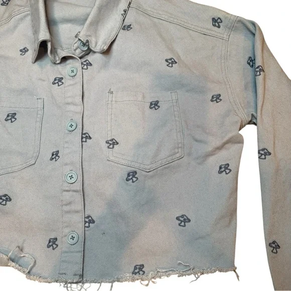 PacSun Women’s Dreamy Cropped Size M/L Mushroom Embroidered Denim Jacket - Picture 4 of 8